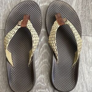 Chaco Woven Strap Flip Flops - Brown/ Green and Cream